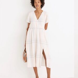 Madewell Linen-Blend Clara Midi Dress in Plaid Muted Blush Size Medium
